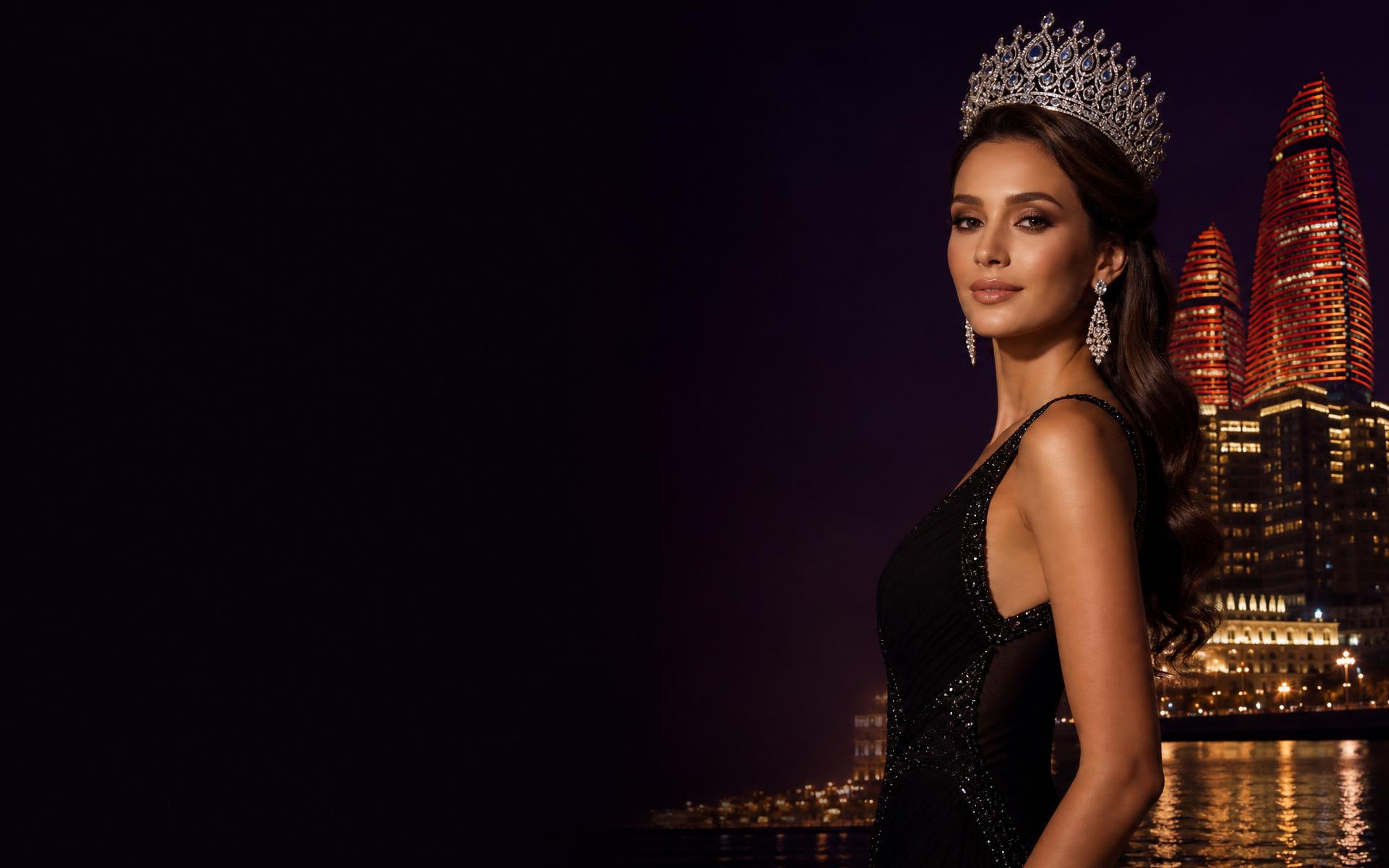 Beauty queen with diamond crown in front of the illuminated Baku Flame Towers